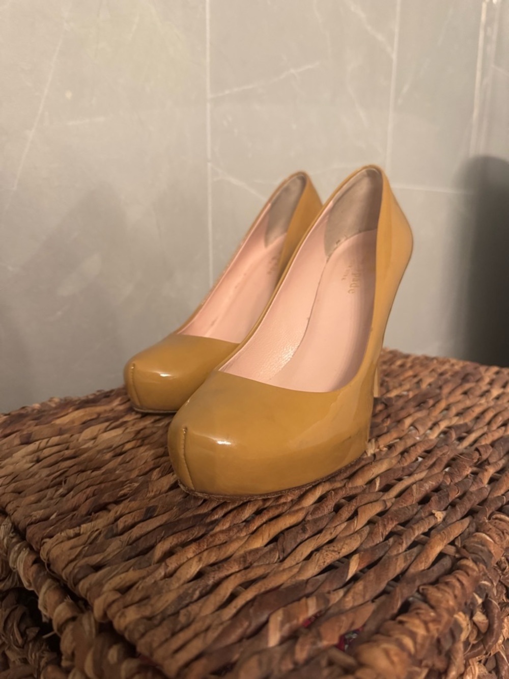 kate spade tan Patent Platform Wedge Pumps